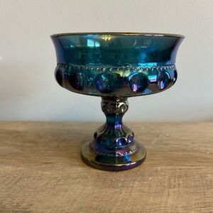 Vintage Carnival Glass Kings Crown Blue Iridescent Thumbprint Pedestal Bowl